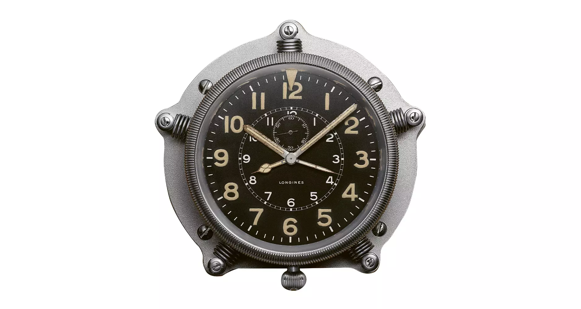 An aviation dashboard clock with dual time zones and the start of flight indicator.
